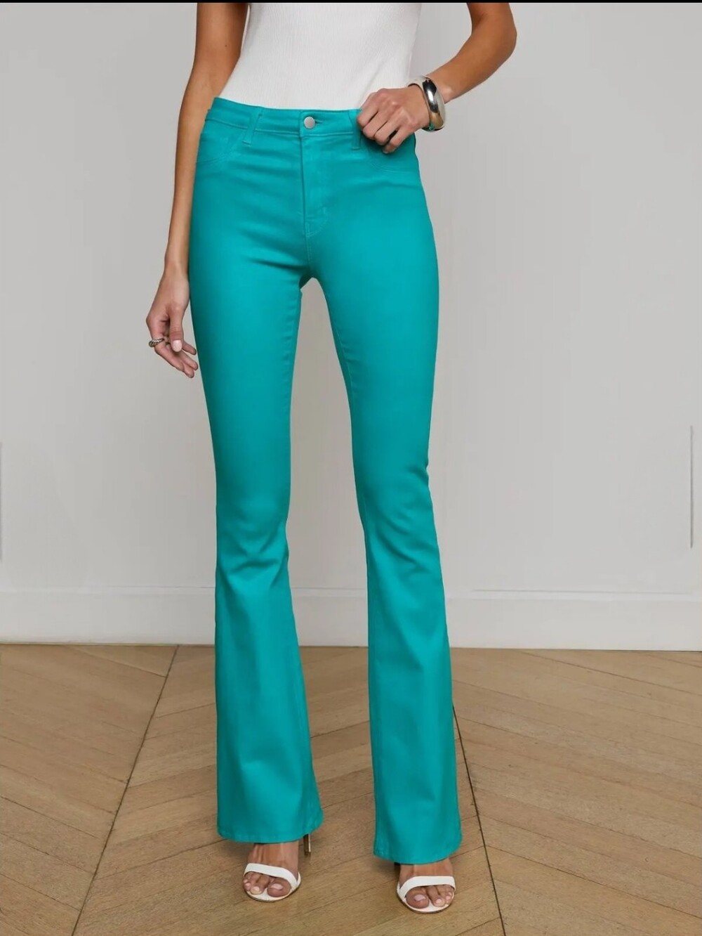 NWOT. L'AGENCE Marty Coated Flare Jeans In Tropical Teal